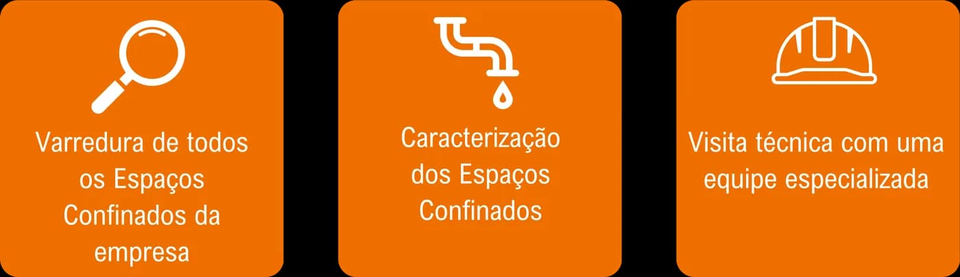 Varredura de todos os espaços confinados da empresa; caracterização dos espaços confinados; visita técnica com uma equipe especializada.