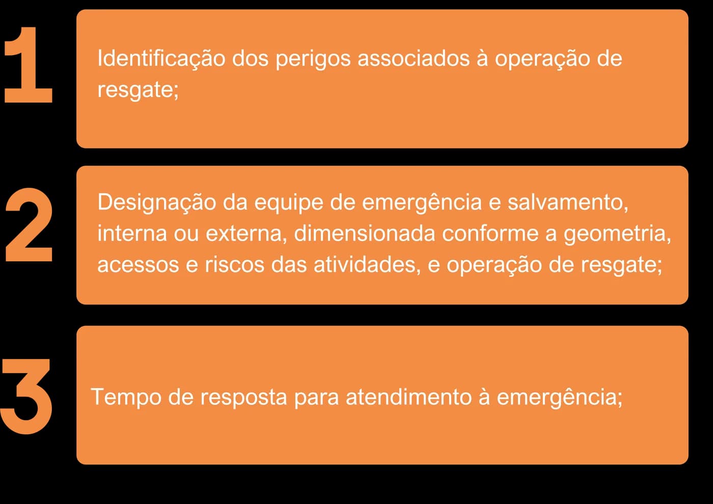 1. Identificação dos perigos associados à operação de resgate; 2. designação da equipe de emergência e salvamento; 3. tempo de resposta para atendimento à emergência.