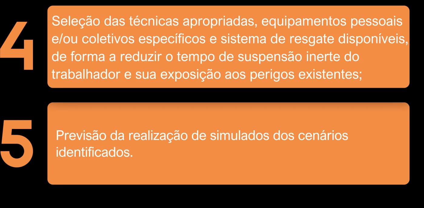 4. Seleção das técnicas apropriadas, equipamentos e sistema de resgate; 5. previsão da realização de simulados dos cenários identificados.